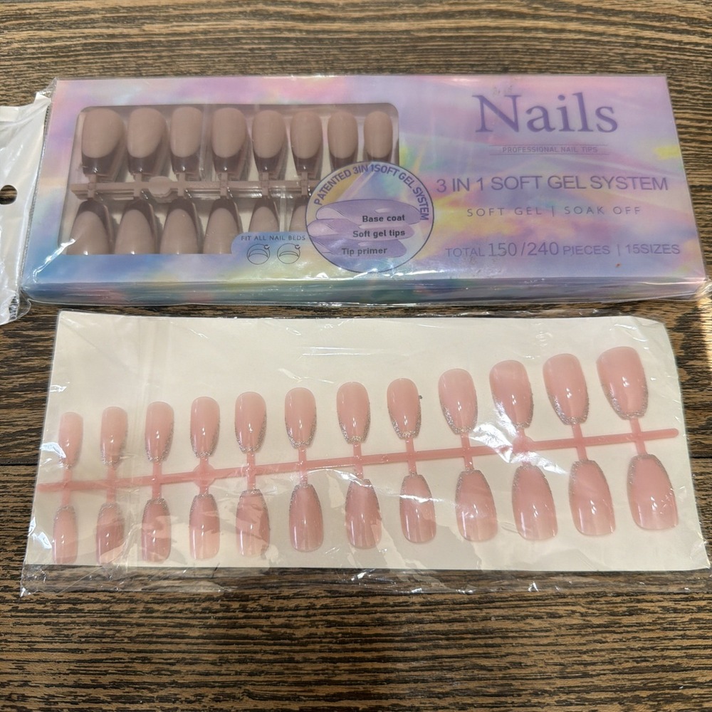 Easy Application Press On Nails Set + 3 In 1 Soft Gel Soak Off Pink Long Coffin